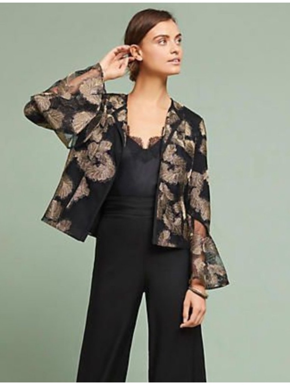 Samantha Dru Auria Black Jacket with Gold Floral Embroidery evening XS